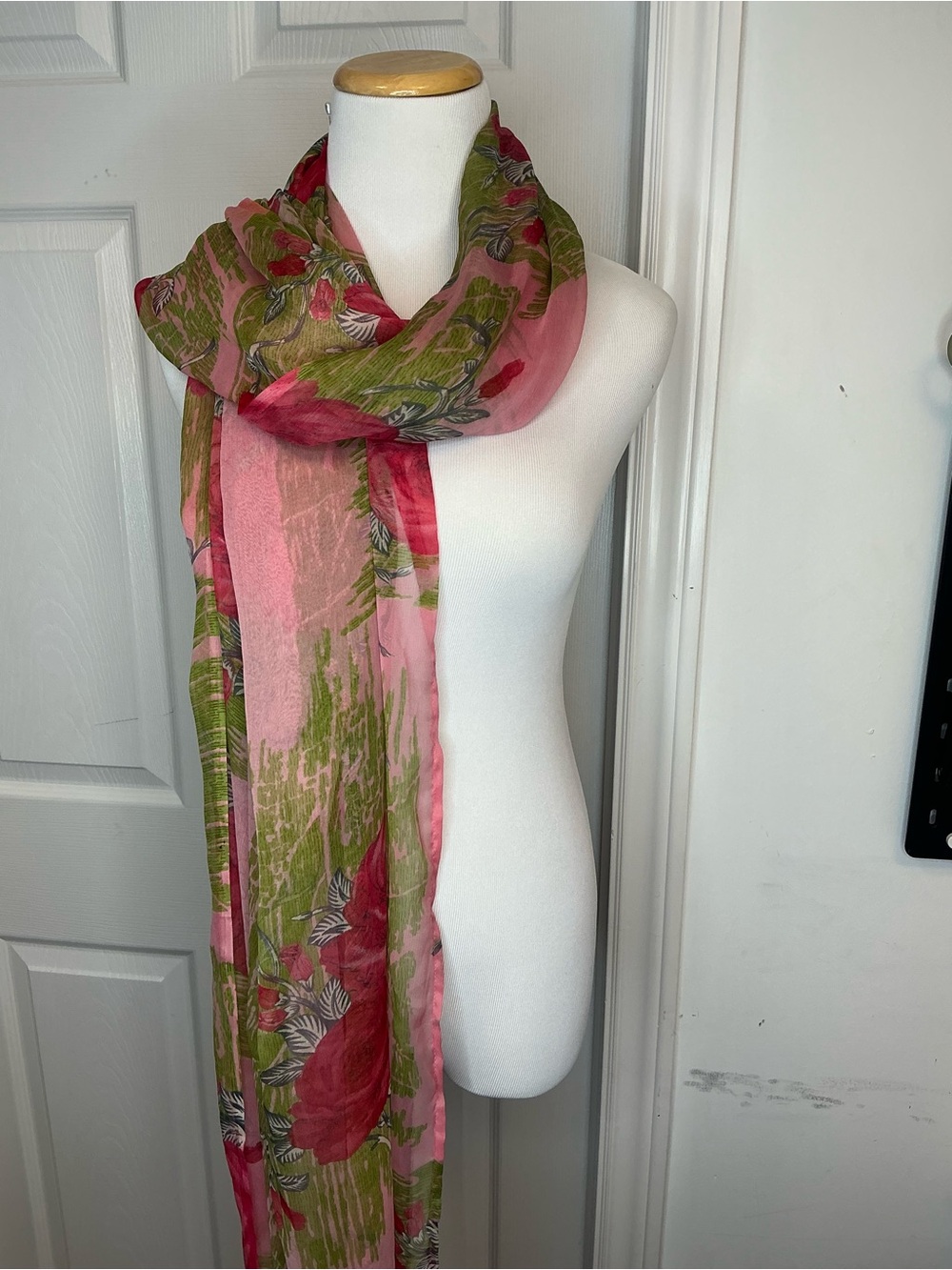 2053 - Lightweight Pink & Olive Floral Scarf - Picture 3 of 5
